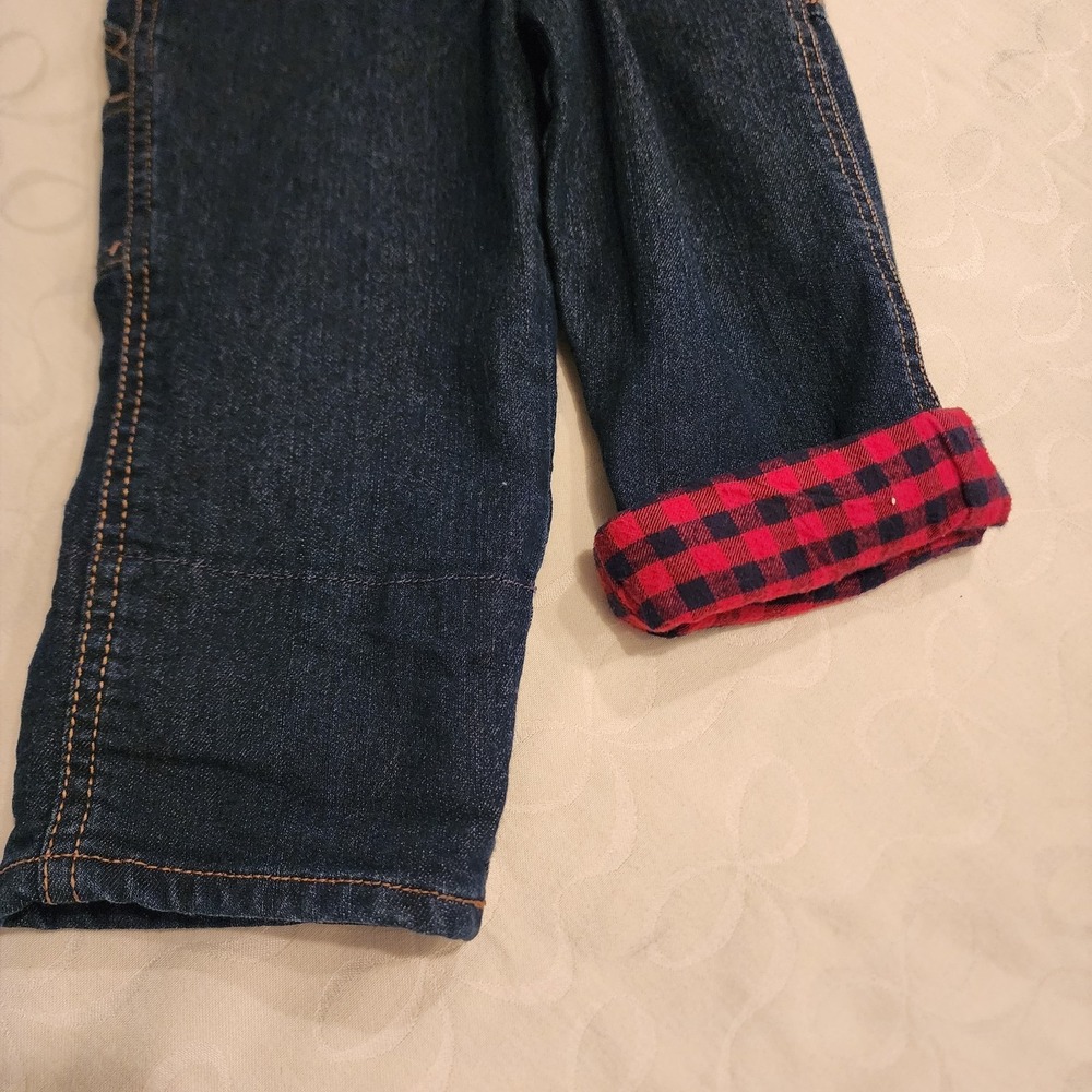 OshKosh B'gosh 3T Carpenter Overalls Dark Wash Denim Flannel Lined Buffalo Plaid - Picture 9 of 16